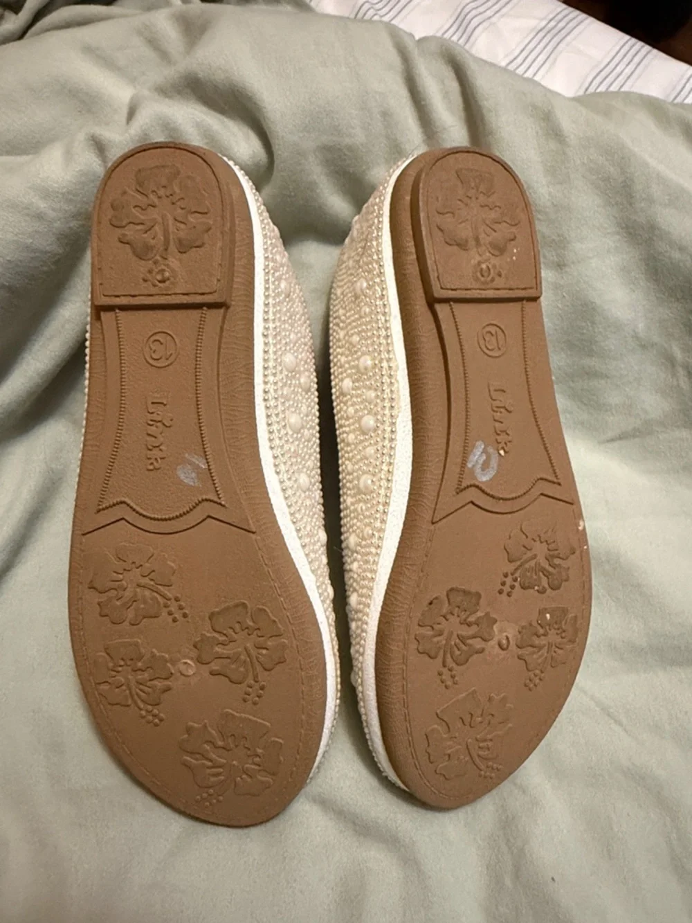 Link White Pearl-Embellished Girls' Ballet Flats - Memory Foam